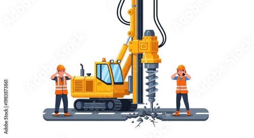 Construction drilling machine with workers on site.