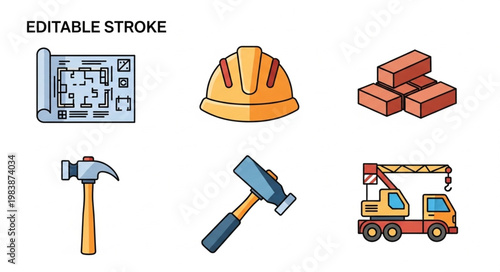 Construction Icons Set Blueprint Hard Hat Bricks Hammer Crane.