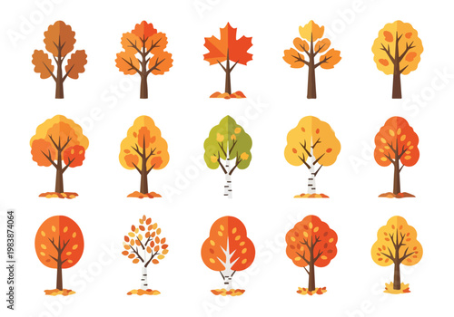 A vibrant collection of autumn trees displaying a rich palette of warm fall colors, perfect for seasonal designs and nature themes