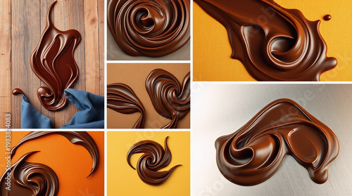 image of melted chocolate for product advertising promotion, photos of various angles, with different backgrounds, do not mention any brands, plain without writing