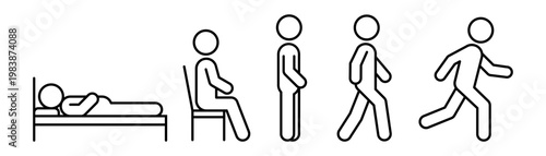 People icon set. Person lie, stand, sit, walk and run icon. People sitting, standing, walking and running symbol. People icons in different posture, human various action poses. Vector Illustration.