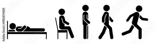 People icon set. Person lie, stand, sit, walk and run icon. People sitting, standing, walking and running symbol. People icons in different posture, human various action poses. Vector Illustration.