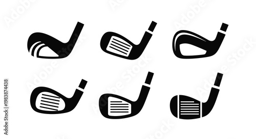 Six black golf club heads displayed a striking silhouette