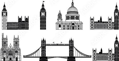 London Landmark Black and White Illustration Set Featuring Big Ben, St. Paul's Cathedral, Westminster Abbey, and Tower Bridge