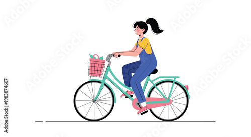 Young woman with a dark ponytail riding a light blue bicycle with a pink basket filled with fresh produce against a white background.