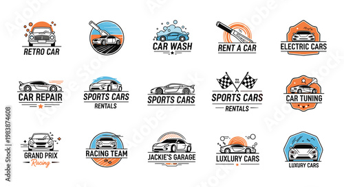 Extensive collection of fifteen car-themed logos and emblems for services like retro cars, car washes, rentals, and sports car specialists.