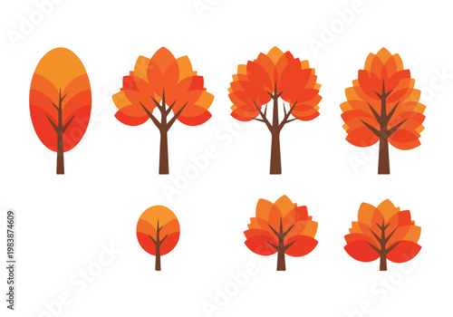 Collection of stylized autumn trees in shades of orange, yellow, and red, depicting a seasonal theme