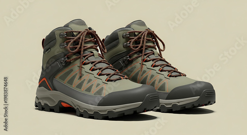 Modern technical hiking boots in olive green and grey with orange accents and rugged grip soles for outdoor enthusiasts and mountain trekking.