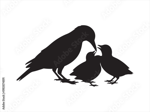 Mother bird feeding chicks silhouette vector animal family nature isolated on white background