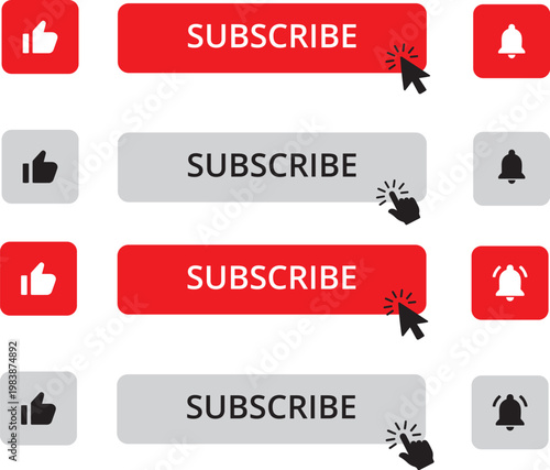 YouTube Subscribe Button with Like Icon, Notification Bell, Cursor Click and Thumbs Up – Social Media UI Vector Set