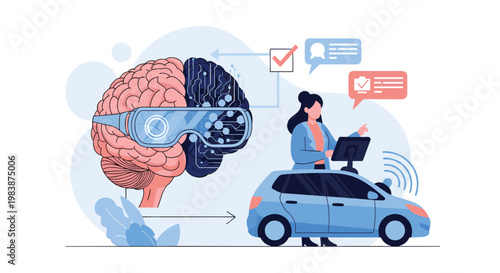 Conceptual illustration of autonomous driving technology featuring a human brain with VR goggles and a woman managing a smart car system.