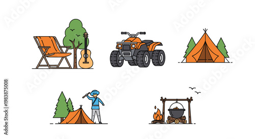 Outdoor camping and adventure icons including a folding chair, guitar, quad bike, tent, campfire, and a hiker in the forest scenery.