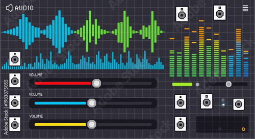 Audio waveform and equalizer interface with volume controls on a digital mixing board for music production and sound engineering