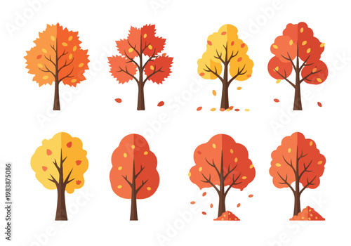 Collection of Autumn Trees with Colorful Leaves Falling, Representing the Season of Fall and Nature's Transition