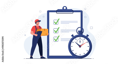 Professional delivery man holding a package next to a large clipboard checklist and a stopwatch to emphasize timely and professional service.