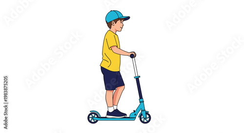Young boy wearing a blue baseball cap and yellow t-shirt riding a blue kick scooter against a clean plain white background.