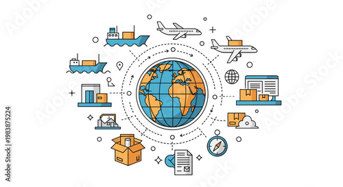 Global logistics and shipping diagram with icons for cargo ships, airplanes, packages, and a detailed globe in the center of the design.