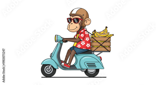 Fun illustration of a monkey wearing sunglasses and a tropical shirt riding a light blue scooter with a large crate of bananas on the back.