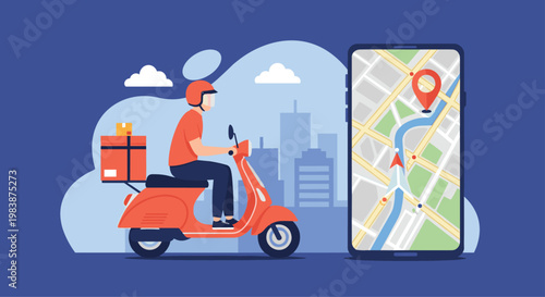 Delivery courier riding a red scooter with food package while using tracking map on a large smartphone screen.