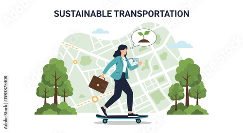 Woman riding a skateboard for sustainable transportation through the city with map and green trees background.