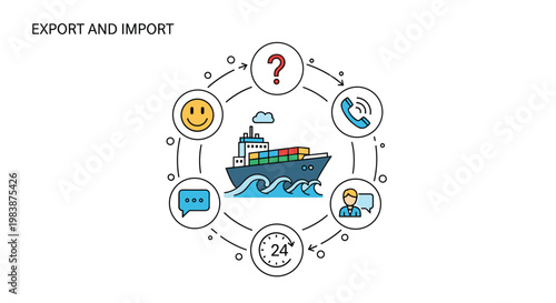 International shipping and logistics concept with cargo ship and icons for customer service support and tracking.