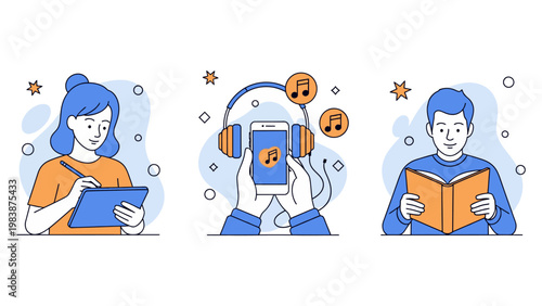 learning hobbies and reading people engage in digital drawing music and book reading activities.