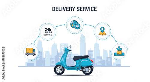 Delivery service illustration with a blue motor scooter and icons representing global tracking and 24h service.