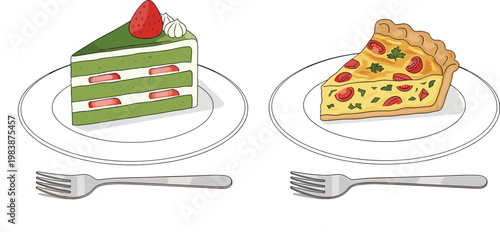 Cake Slice and Savory Pie Illustration Set with Strawberry Cream Layer Cake and Vegetable Quiche for Bakery Menu Food Design Collection
