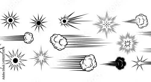 comic speed effects and explosion burst graphic elements a manga style vector illustration kit for action motion and impact design.