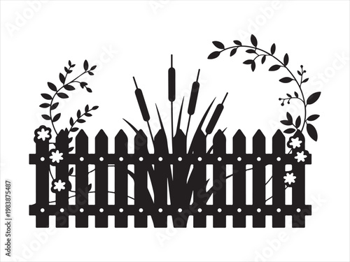 Black garden fence with a climbing vine plant silhouette vector illustration isolated on white background