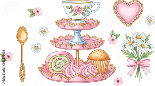 Elegant Tea Party Illustration Set with Tiered Dessert Stand Cupcake Floral Teacup and Romantic Decorations for Vintage Cafe Design Collection
