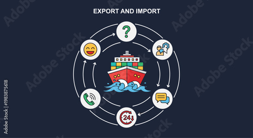 Global shipping and export import concept with a large container ship surrounded by business service icons.