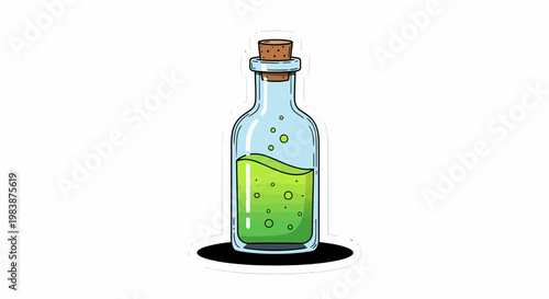 Green liquid in glass bottle.