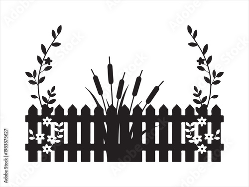 Black garden fence with a climbing vine plant silhouette vector illustration isolated on white background