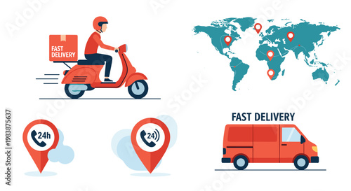 Fast delivery service elements including a courier on a red scooter world map with pins and a red transport van.