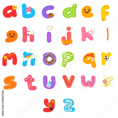 Cute Playful Alphabet Letters with Cartoon Decorations for Kids Learning