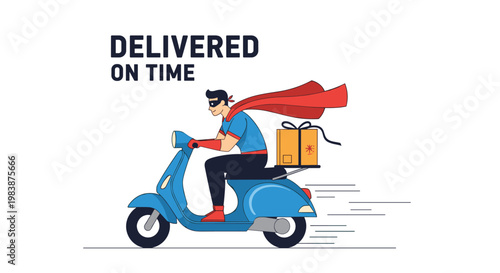 Delivery superhero character in a mask and long red cape riding a blue scooter to deliver packages on time.