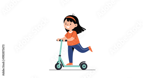 Cheerful young girl with long black hair and orange shirt riding a teal kick scooter against a white background.