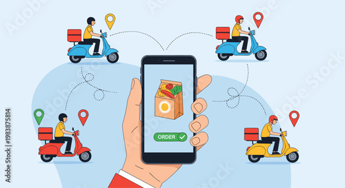 Online grocery delivery concept with a hand holding a smartphone and couriers on scooters in different colors.