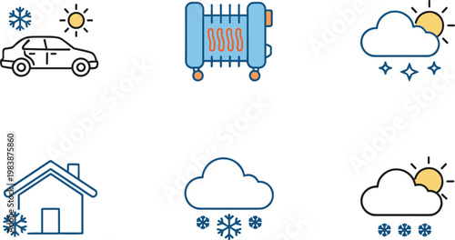 Weather and seasonal line icons set featuring car radiator house clouds sun snowflakes climate temperature symbols collection