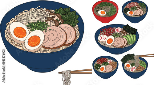 Ramen Bowl Illustration Set with Pork Slices Egg Noodles and Japanese Soup Variations for Restaurant Menu Asian Food Design Collection