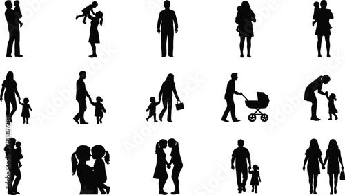 Various family silhouettes with children and strollers on transparent backgrounds.
