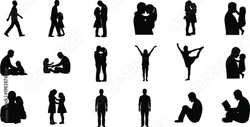 Silhouettes of diverse people and family relationships, various activities and poses.