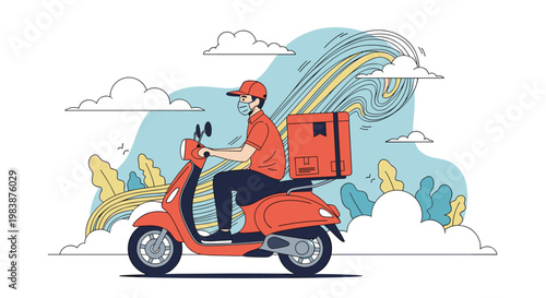 Professional delivery man wearing a mask riding a red scooter with a parcel box against a creative swirl background.
