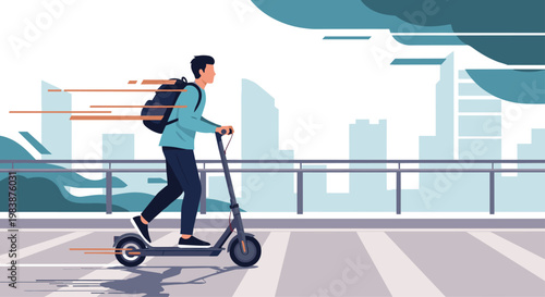 Young man with a black backpack riding an electric kick scooter quickly through a modern city street scene.