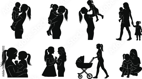 Mother and child silhouettes showing affection and play, diverse activities.