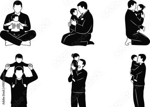 Black silhouettes of fathers and sons in various poses on transparent backgrounds.