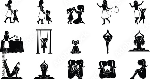 Mother and daughter silhouettes in various activities like yoga and playing.
