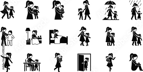 Mom and child silhouette illustrations depicting daily life and care moments.