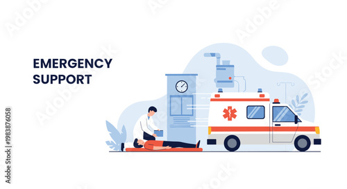 Emergency medical support scene features an ambulance arriving at a clinic while a doctor attends to a patient on a stretcher.